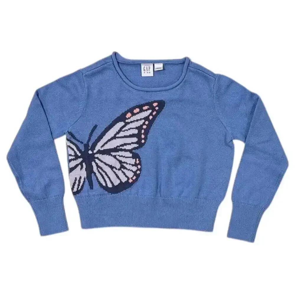 NWOT Gap Kids Girls Spring Blue Butterfly Crew Neck Sweater Youth Medium 7/8